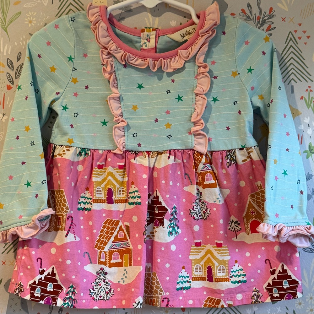 Matilda Jane Gingerbread House Christmas Ruffle Dress Festive and colorful 18 mo
